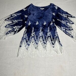 ADORE Tie Dye Floral Embroidered Bell Sleeve V Neck Top Women's Size S Goddess